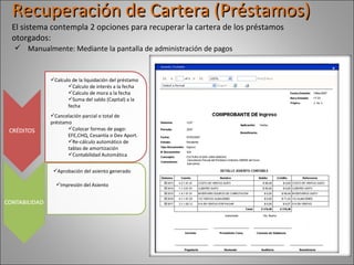 Recuperación de Cartera (Préstamos) El sistema contempla 2 opciones para recuperar la cartera de los préstamos otorgados: Cancelación parcial o total de préstamo Colocar formas de pago: EFE,CHQ, Cesantía o Dev Aport. Re-cálculo automático de tablas de amortización Contabilidad Automática Aprobación del asiento generado Impresión del Asiento Calculo de la liquidación del préstamo  Calculo de interés a la fecha Calculo de mora a la fecha Suma del saldo (Capital) a la fecha Manualmente: Mediante la pantalla de administración de pagos 