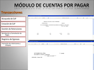 Transacciones Búsqueda de CxP Creación de CxP Gestión de Retenciones Aprobación y Cancelación de Pagos Registro de Egresos Impresión de retenciones y cheques 