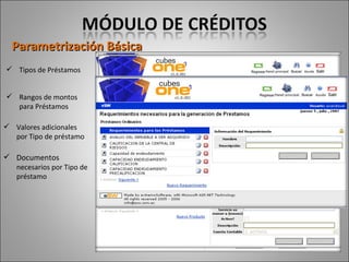 Parametrización Básica Tipos de Préstamos Rangos de montos  para Préstamos Valores adicionales por Tipo de préstamo Documentos  necesarios por Tipo de préstamo 