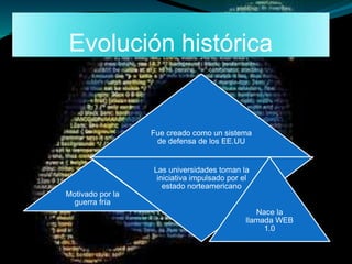 Evolución histórica
Fue creado como un sistema
de defensa de los EE.UU
Motivado por la
guerra fría
Las universidades toman la
iniciativa impulsado por el
estado norteamericano
Nace la
llamada WEB
1.0
 