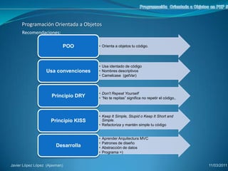 	Programación  Orientada a Objetos en PHP 5   Programación Orientada a ObjetosClase y Objeto:Clase:Código que define la estructura de un objeto(plano) Objeto:Elemento creado a partir de una clase , cuando se crea se dice que se genera una nueva instancia Javier López López  (Ajaxman)					                                    12/03/2011
