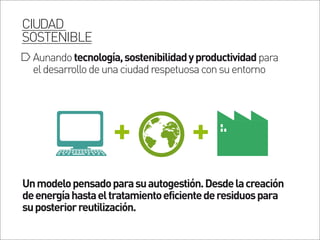 Aunandotecnología,sostenibilidadyproductividadpara
eldesarrollodeunaciudadrespetuosaconsuentorno
Unmodelopensadoparasuautogestión.Desdelacreación
deenergíahastaeltratamientoeficientederesiduospara
suposteriorreutilización.
CIUDAD
SOSTENIBLE
 