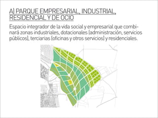 A)PARQUEEMPRESARIAL,INDUSTRIAL,
RESIDENCIALYDEOCIO
Espaciointegradordelavidasocialyempresarialquecombi-
narázonasindustriales,dotacionales(administración,servicios
públicos),terciarias(oficinasyotrosservicios)yresidenciales.
 