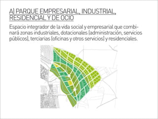A)PARQUEEMPRESARIAL,INDUSTRIAL,
RESIDENCIALYDEOCIO
Espaciointegradordelavidasocialyempresarialquecombi-
narázonasindustriales,dotacionales(administración,servicios
públicos),terciarias(oficinasyotrosservicios)yresidenciales.
 
