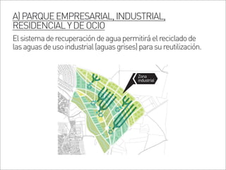 Zona
industrial
A)PARQUEEMPRESARIAL,INDUSTRIAL,
RESIDENCIALYDEOCIO
Elsistemaderecuperacióndeaguapermitiráelrecicladode
lasaguasdeusoindustrial(aguasgrises)parasureutilización.
 