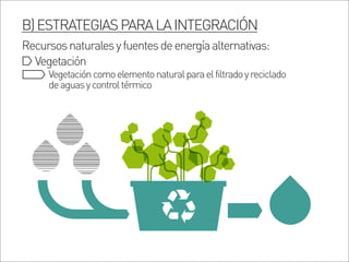 B)ESTRATEGIASPARALAINTEGRACIÓN
Recursosnaturalesyfuentesdeenergíaalternativas:
Vegetación
Vegetacióncomoelementonaturalparaelfiltradoyreciclado
deaguasycontroltérmico
 