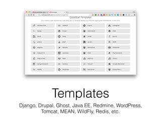 Templates
Django, Drupal, Ghost, Java EE, Redmine, WordPress,
Tomcat, MEAN, WildFly, Redis, etc.
 