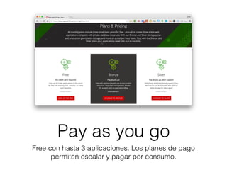 Pay as you go
Free con hasta 3 aplicaciones. Los planes de pago
permiten escalar y pagar por consumo.
 