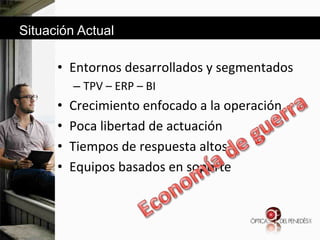 Situación Actual

•  Entornos&desarrollados&y&segmentados&
–  TPV&–&ERP&–&BI&

• 
• 
• 
• 

Crecimiento&enfocado&a&la&operación&
Poca&libertad&de&actuación&
Tiempos&de&respuesta&altos&
Equipos&basados&en&soporte&

 
