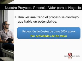 Nuestro Proyecto. Potencial Valor para el Negocio

•  Una&vez&analizado&el&proceso&se&concluyó&
que&había&un&potencial&de:&
Reducción&de&Costes&de&unos&600K&aprox.&&
Por'ac.vidades'de'No'Valor.&

 