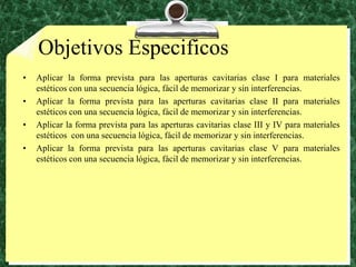 ObjetivosEspecificosAplicar la forma prevista para las aperturas cavitarias clase I para materiales estéticos con una secuencia lógica, fácil de memorizar y sin interferencias.Aplicar la forma prevista para las aperturas cavitarias clase II para materiales estéticos con una secuencia lógica, fácil de memorizar y sin interferencias.Aplicar la forma prevista para las aperturas cavitarias clase III y IV para materiales estéticos  con una secuencia lógica, fácil de memorizar y sin interferencias.Aplicar la forma prevista para las aperturas cavitarias clase V para materiales estéticos con una secuencia lógica, fácil de memorizar y sin interferencias.