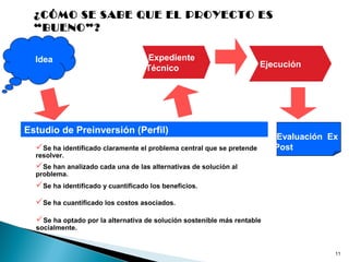 11
Expediente
Técnico Ejecución
Se ha identificado claramente el problema central que se pretende
resolver.
Se ha identificado y cuantificado los beneficios.
Se han analizado cada una de las alternativas de solución al
problema.
Se ha optado por la alternativa de solución sostenible más rentable
socialmente.
Se ha cuantificado los costos asociados.
Estudio de Preinversión (Perfil)
Evaluación Ex
Post
Idea
¿CÓMO SE SABE QUE EL PROYECTO ES
“BUENO”?
 