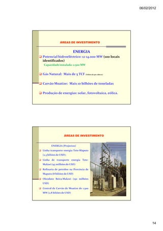 06/02/2012




               ÁREAS DE INVESTIMENTO


                          ENERGIA
Potencial hidroeléctrico: 12-14.000 MW (100 locais
identificados)
 Capacidade instalada: 2.500 MW


Gás Natural: Mais de 5 TCF (Triliões de pés cúbicos)

Carvão Moatize: Mais 10 bilhões de toneladas

Produção de energias: solar, fotovoltaica, eólica.




                   ÁREAS DE INVESTIMENTO


       ENERGIA (Projectos)
Linha transporte energia Tete-Maputo
(2,3 biliões de USD);

Linha de transporte energia Tete-
Malawi (93 milhões de USD)

Refinaria de petróleo na Província de
Maputo (8 biliões de USD)

Oleoduto Beira-Malawi (150 milhões
USD)

Central de Carvão de Moatize de 1.500
MW (2,8 biliões de USD)




                                                              14
 
