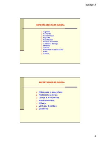 06/02/2012




EXPORTAÇÕES PARA EUROPA


     Algodão
     Camarão
     Peixe fresco
     Lagosta
     Crustáceos
     Pedras preciosas
     Amêndoa de caju
     Madeira
     Tabaco
     Produtos de artesanato
     Sisal
     Açúcar.




  IMPORTAÇÕES DA EUROPA




 Máquinas e aparelhos
 Material eléctrico
 Livros e Brochuras
 Medicamentos
 Móveis
 Vinhos/ bebidas
 Veículos




                                      6
 