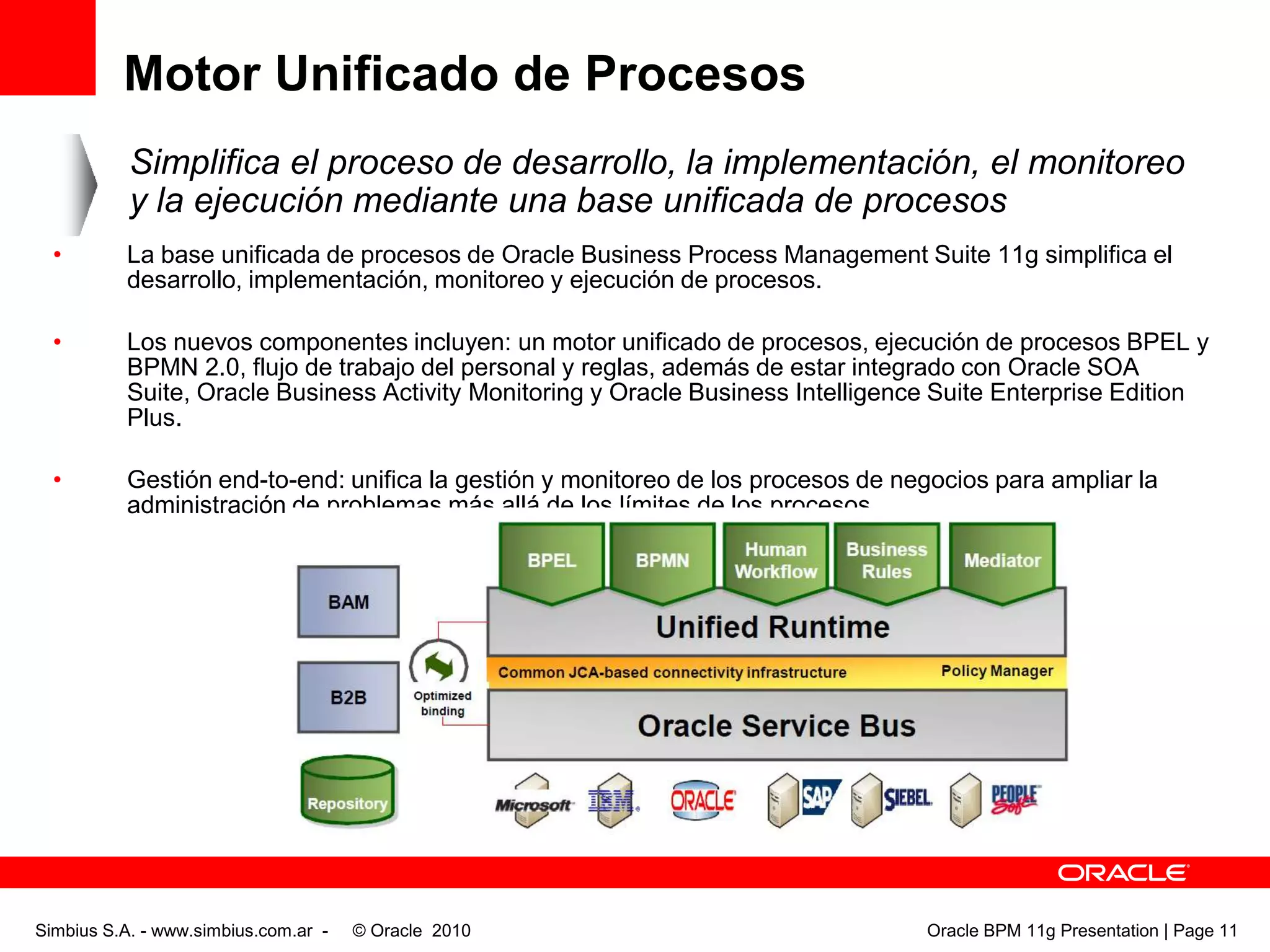 Motor Unificado de ProcesosSimplifica el proceso de desarrollo, la implementación, el monitoreo y la ejecución mediante una base unificada de procesosLa base unificada de procesos de Oracle Business Process Management Suite 11g simplifica el desarrollo, implementación, monitoreo y ejecución de procesos. 