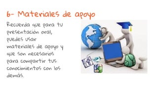 6- Materiales de apoyo
Recuerda que para tu
presentación oral,
puedes usar
materiales de apoyo y
que son necesarios
para compartir tus
conocimientos con los
demás.
 