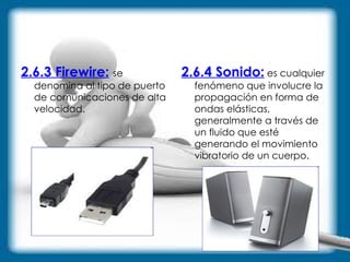 2.6.3 Firewire:   se denomina al tipo de puerto de comunicaciones de alta velocidad. 2.6.4 Sonido:  es cualquier fenómeno que involucre la propagación en forma de ondas elásticas, generalmente a través de un fluido que esté generando el movimiento vibratorio de un cuerpo.  