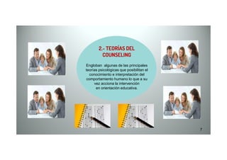 2.- TEORÍAS DEL
COUNSELING
Engloban algunas de las principales
teorías psicológicas que posibilitan el
conocimiento e interpretación del
comportamiento humano lo que a su
7
comportamiento humano lo que a su
vez acciona la intervención
en orientación educativa.
 