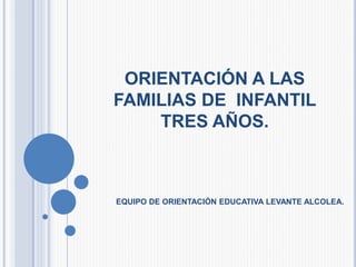 ORIENTACIÓN A LAS
FAMILIAS DE INFANTIL
TRES AÑOS.
EQUIPO DE ORIENTACIÓN EDUCATIVA LEVANTE ALCOLEA.
 