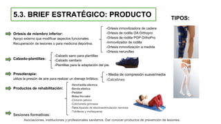 5.3. BRIEF ESTRATÉGICO: PRODUCTO
Ortesis de miembro inferior:
Apoyo externo que modificar aspectos funcionales
Recuperación de lesiones o para medicina deportiva.
Calzado-plantillas:
Presoterapia:
utiliza la presión de aire para realizar un drenaje linfático.
Productos de rehabilitación:
Sesiones formativas:
Asociaciones, instituciones y profesionales sanitarios. Dar conocer productos de prevención de lesiones.
TIPOS:
-Ortesis inmovilizadora de cadera
-Ortesis de rodilla OA Orthopro
-Ortesis de rodilla POP OrthoPro
-Inmovilizador de rodilla
-Ortesis inmovilización a medida
-Ortesis neruroflex
-Calzado sano para plantillas
-Calzado sanitario
-Plantillas para la adaptación del pie.
- Media de compresión suave/media
-Calcetines
-Almohadilla eléctrica
-Banda elástica
-Pedalier
-Bolsa frio-calor
-Cinturón pélvico
-Colchoneta gimnasia
-Tens:Aparato de electroestimulación nerviosa
-Tobilleras y muñequeras
 