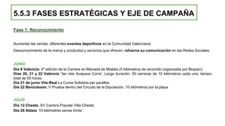 5.5.3 FASES ESTRATÉGICAS Y EJE DE CAMPAÑA
Fase 1: Reconocimiento
Aumentar las ventas: diferentes eventos deportivos en la Comunidad Valenciana.
Desconocimiento de la marca y productos y servicios que ofrecen: refuerce su comunicación en las Redes Sociales.
JUNIO
Día 8 Valencia: 2ª edición de la Carrera en Manada de Mislata (5 kilómetros de recorrido organizada por Bioparc)
Días 20, 21 y 22 Valencia ‘3er reto Avapace Corre’. Larga duración: 50 carreras de 10 kilómetros cada una, tiempo
total de 50 horas.
Día 21 de junio Vila-Real La Cursa Solidaria per parelles
Día 22 Benicássim, V Prueba dentro del Circuito de la Diputación, 10 kilómetros por la playa
JULIO
Día 12 Cheste, XV Carrera Popular Villa Cheste
Día 26 Aldaia ‘10 kilómetres sense límits’.
 