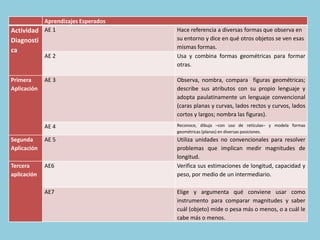 Aprendizajes Esperados
Actividad
Diagnosti
ca
AE 1 Hace referencia a diversas formas que observa en
su entorno y dice en qué otros objetos se ven esas
mismas formas.
AE 2 Usa y combina formas geométricas para formar
otras.
Primera
Aplicación
AE 3 Observa, nombra, compara figuras geométricas;
describe sus atributos con su propio lenguaje y
adopta paulatinamente un lenguaje convencional
(caras planas y curvas, lados rectos y curvos, lados
cortos y largos; nombra las figuras).
AE 4 Reconoce, dibuja –con uso de retículas– y modela formas
geométricas (planas) en diversas posiciones.
Segunda
Aplicación
AE 5 Utiliza unidades no convencionales para resolver
problemas que implican medir magnitudes de
longitud.
Tercera
aplicación
AE6 Verifica sus estimaciones de longitud, capacidad y
peso, por medio de un intermediario.
AE7 Elige y argumenta qué conviene usar como
instrumento para comparar magnitudes y saber
cuál (objeto) mide o pesa más o menos, o a cuál le
cabe más o menos.
 