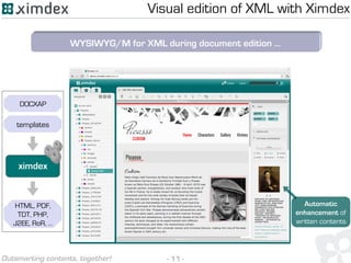- 11 -Outsmarting contents, together!
WYSIWYG/M for XML during document edition ...
Automatic
enhancement of
written contents
Visual edition of XML with Ximdex
HTML, PDF,
TDT, PHP,
J2EE, RoR, …
ximdex
DOCXAP
templates
 