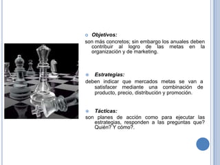 Objetivos:son más concretos; sin embargo los anuales deben contribuir al logro de las metas en la organización y de marketing. Estrategias:deben indicar que mercados metas se van a satisfacer mediante una combinación de producto, precio, distribución y promoción.Tácticas:son planes de acción como para ejecutar las estrategias, responden a las preguntas que? Quién? Y cómo?.