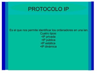 PROTOCOLO IP
Es el que nos permite identificar los ordenadores en una lan.
Cuatro tipos:
●IP privada
●IP pública
●IP estática
●IP dinámica
 