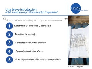 © LEWIS  P ágina   Una breve introducción ¿Qué entendemos por Comunicación Empresarial? Comunícalo a todos afuera Ten claro tu mensaje Si no comunicas, no existes y todo lo que hacemos comunica “ ” 1 Determina tus objetivos y estrategia 3 Compártelo con todos adentro 4 2 5 ¡si no te posicionas tú lo hará tu competencia! 