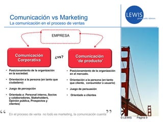 © LEWIS  P ágina   Comunicación vs Marketing La comunicación en el proceso de ventas Posicionamiento de la organización en la sociedad. Orientación a la persona (en tanto que ciudadano) Juego de percepción Orientada a: Personal interno, Socios y colaboradores, Stakeholders, Opinión pública, Prospectos y clientes) Posicionamiento de la organización en el mercado. Orientación a la persona (en tanto que cliente,  consumidor o usuario) Juego de persuasión Orientado a clientes  ¿vs?  EMPRESA En el proceso de venta  no todo es marketing, la comunicación cuenta “ ” Comunicaci ón Corporativa Comunicaci ón  ‘ de producto’ 