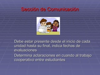 Sección de Comunicación Debe estar presente desde el inicio de cada unidad hasta su final, indica fechas de evaluaciones  Determina aclaraciones en cuando al trabajo cooperativo entre estudiantes  