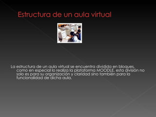 La estructura de un aula virtual se encuentra dividida en bloques, como en especial lo realiza la plataforma MOODLE, esta división no solo es para su organización y claridad sino también para la funcionalidad de dicha aula. 