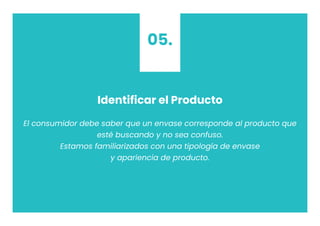 Identificar el Producto
El consumidor debe saber que un envase corresponde al producto que
esté buscando y no sea confuso.
Estamos familiarizados con una tipología de envase
y apariencia de producto.
05.
 