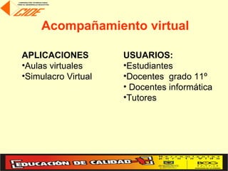 Acompañamiento virtual

APLICACIONES         USUARIOS:
•Aulas virtuales     •Estudiantes
•Simulacro Virtual   •Docentes grado 11º
                     • Docentes informática
                     •Tutores
 