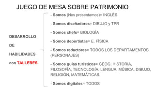 JUEGO DE MESA SOBRE PATRIMONIO
- Somos (Nos presentamos)= INGLÉS
- Somos diseñadores= DIBUJO y TPR
- Somos chefs= BIOLOGÍA
- Somos deportistas= E. FÍSICA
- Somos redactores= TODOS LOS DEPARTAMENTOS
(PERSONAJES)
- Somos guías turísticos= GEOG. HISTORIA,
FILOSOFÍA, TECNOLOGÍA, LENGUA, MÚSICA, DIBUJO,
RELIGIÓN, MATEMÁTICAS.
- Somos digitales= TODOS
DESARROLLO
DE
HABILIDADES
con TALLERES
 