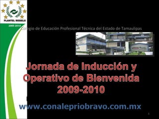 Colegio de Educación Profesional Técnica del Estado de Tamaulipas 1 Jornada de Inducción y Operativo de Bienvenida 2009-2010 PADRES DE FAMILIA  www.conalepriobravo.com.mx 