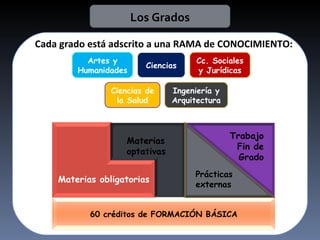 Los Grados Artes y Humanidades Ciencias Cc. Sociales y Jurídicas Ciencias de la Salud Ingeniería y Arquitectura Cada grado está adscrito a una RAMA de CONOCIMIENTO: 60 créditos de FORMACIÓN BÁSICA Materias obligatorias Materias optativas Prácticas externas Trabajo Fin de Grado 
