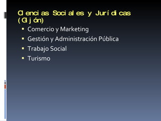 Ciencias Sociales y Jurídicas (Gijón) Comercio y Marketing Gestión y Administración Pública Trabajo Social Turismo 