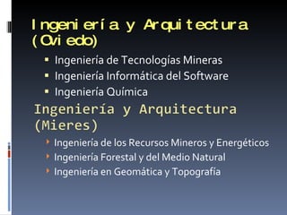Ingeniería y Arquitectura (Oviedo) Ingeniería de Tecnologías Mineras Ingeniería Informática del Software Ingeniería Química Ingeniería de los Recursos Mineros y Energéticos Ingeniería Forestal y del Medio Natural Ingeniería en Geomática y Topografía 
