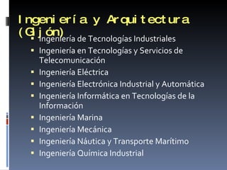 Ingeniería y Arquitectura (Gijón) Ingeniería de Tecnologías Industriales Ingeniería en Tecnologías y Servicios de Telecomunicación Ingeniería Eléctrica Ingeniería Electrónica Industrial y Automática Ingeniería Informática en Tecnologías de la Información Ingeniería Marina Ingeniería Mecánica Ingeniería Náutica y Transporte Marítimo Ingeniería Química Industrial 