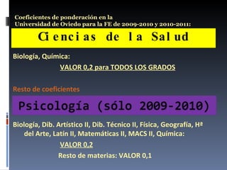 Ciencias de la Salud Coeficientes de ponderación en la  Universidad de Oviedo para la FE de 2009-2010 y 2010-2011: Biología, Química:   VALOR 0,2 para TODOS LOS GRADOS Resto de coeficientes Biología, Dib. Artístico II, Dib. Técnico II, Física, Geografía, Hª del Arte, Latín II, Matemáticas II, MACS II, Química:   VALOR 0,2 Resto de materias: VALOR 0,1 