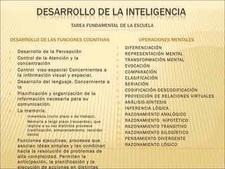 DESARROLLO DE LAS FUNCIONES COGNITIVAS OPERACIONES MENTALES  Desarrollo de la Percepción Control de la Atención y la concentración  Control  viso-espacial Concernientes a la información visual y espacial. Desarrollo del lenguaje. Concerniente a la  Planificación y organización de la información necesaria para su comunicación. La memoria.  Inmediata (corto plazo o de trabajo). Memoria a largo plazo (recuerdos), que implica a su vez distintos procesos (codificación, almacenamiento, recordar datos) Funciones ejecutivas. procesos que asocian ideas simples y las combinan hacia la resolución de problemas de alta complejidad. Permiten la anticipación, la planificación y la ejecución de acciones en distintas situaciones. DIFERENCIACIÓN REPRESENTACIÓN MENTAL TRANSFORMACIÓN MENTAL EVOCACIÓN COMPARACIÓN CLASIFICACIÓN SERIACIÓN CODIFICACIÓN-DESCODIFICACIÓN PROYECCIÓN DE RELACIONES VIRTUALES ANÁLISIS-SÍNTESIS  INFERENCIA LÓGICA RAZONAMIENTO ANALÓGICO RAZONAMIENTO  HIPOTÉTICO RAZONAMIENTO TRANSITIVO RAZONAMIENTO SILOGÍSTICO PENSAMIENTO DIVERGENTE RAZONAMIENTO LÓGICO 