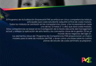 El Programa de Actualización Empresarial PAE se enfoca en cinco competencias básicas
                        principales que cada estudiante adquirirá al final de cada modulo.
    Todos los módulos se centrarán en las competencias clave, y las incorporará en cada
                                      una de las 12 horas (1 ½ día) que dura cada modulo.
Estas competencias se basan en la investigación de la teoría relevante del management
actual, y reflejan la aplicación de esta teoría y los conceptos clave de la gestión 2.0 en el
                                                         mundo de los negocios del siglo 21.
       Los elementos clave del Programa de Competencias PAE proporcionan un marco
       modelo para la serie de módulos del PAE, y sirven como una base sobre la cual los
                                         planes de estudio de cada seminario se preparan.
 