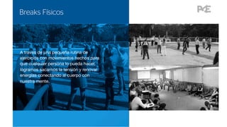 A través de una pequeña rutina de
ejercicios con movimientos hechos para
que cualquier persona lo pueda hacer,
logramos sacarnos la tensión y renovar
energías conectando al cuerpo con
nuestra mente. 


 