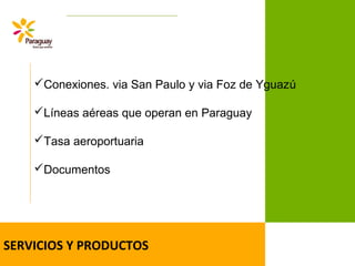 SERVICIOS Y PRODUCTOS
Conexiones. via San Paulo y via Foz de Yguazú
Líneas aéreas que operan en Paraguay
Tasa aeroportuaria
Documentos
 
