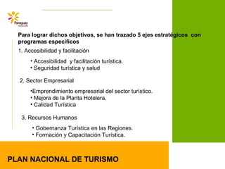 PLAN NACIONAL DE TURISMO
Para lograr dichos objetivos, se han trazado 5 ejes estratégicos con
programas específicos
1. Accesibilidad y facilitación
2. Sector Empresarial
3. Recursos Humanos
• Accesibilidad y facilitación turística.
• Seguridad turística y salud
•Emprendimiento empresarial del sector turístico.
• Mejora de la Planta Hotelera.
• Calidad Turística
• Gobernanza Turística en las Regiones.
• Formación y Capacitación Turística.
 