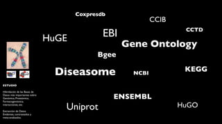 Coxpresdb
                                                            CCIB
                                                                    CCTD
                              HuGE           EBI
                                                   Gene Ontology
                                           Bgee

                               Diseasome             NCBI
                                                                    KEGG

ESTUDIO

Hibridación de las Bases de
Datos más importantes sobre
Genómica, Proteómica,
Farmacogenómica,
                                                 ENSEMBL
interacciones, etc.

Extracción de Datos
                                 Uniprot                           HuGO
Evidentes, contrastados y
meta-analizados.
 