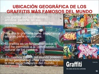 UBICACIÓN GEOGRÁFICA DE LOS GRAFFITIS MÁS FAMOSOS DEL MUNDO Los graffitis por su dimensión  artística  permite  en sus representaciones  que dicen  las paredes. Hoy día la grafiteria tiene  importancia en gran parte del planeta. El graffitis es un fenómeno global lo que ha permitido a la contribución cultural de los pueblos. En muchos países del mundo poseen en su geografía graffitis considerados la más espectaculares del mundo.  ( Ver maps ).  