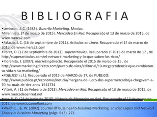 •Levinson, J. C. (1985). Guerrila Marketing. Mexico.
Millennials. (7 de marzo de 2015). Mercadeo En Red. Recuperado el 13 de marzo de 2015, de
www.merca2.com
•Palacio, J. C. (16 de septiembre de 2011). Articulos en Linea. Recuperado el 14 de marzo de
2015, de www.merca2.com
•Perez, D. (12 de septiembre de 2012). superarticulos. Recuperado el 2015 de marzo de 17 , de
http://superarticulos.com/el-network-marketing-y-lo-que-saben-los-ricos/
•Pidrahita, J. (2007). marketingdirecto. Recuperado el 2015 de marzo de 15 , de
http://www.marketingdirecto.com/punto-de-vista/editorial/10-megatendenciasque-cambiaran-
su-vida-y-su-marketing/
•PUBLICO. (s.f.). Recuperado el 2015 de MARZO de 17, de PUBLICO:
http://www.publico.pt/economia/noticia/margens-de-lucro-dos-supermercadosja-chegavam-a-
70-ha-mais-de-dez-anos-1544734
•Viteri, A. (12 de Febrero de 2013). Mercadeo en Red. Recuperado el 13 de marzo de 2015, de
www.mercadeoenred.net
•voz, R.-D. (24 de junio de 2010). Historia de Mercadeo en Red. Recuperado el 13 de marzo de
2015, de www.lucamelloni.com
•Welch C., &. W. (2002). Journal Of Bussines-to-bussines Marketing. En Idea Logics and Network
Theory in Bussines Marketing (págs. 9 (3) ,27).
B I B L I O G R A F I A
 